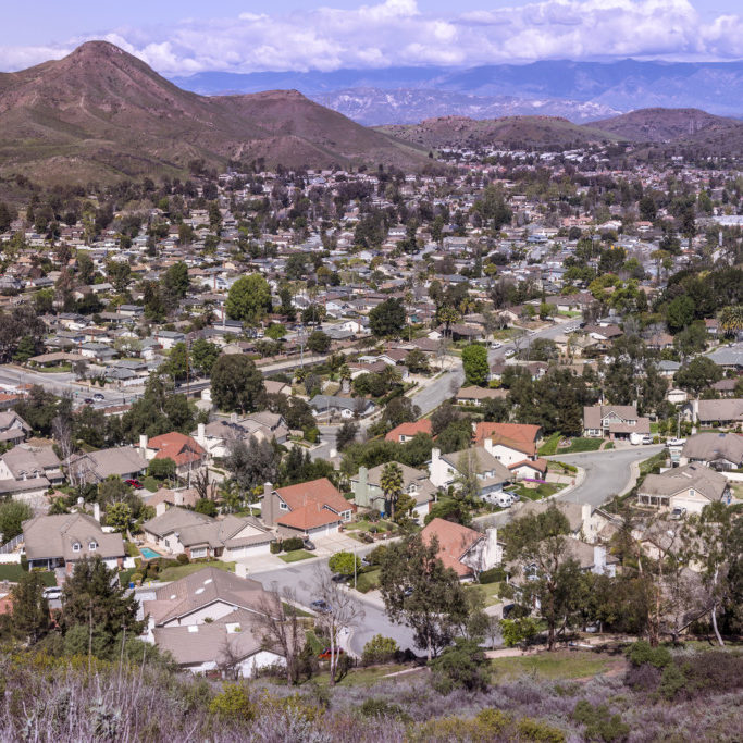 Suburban Newbury Park homes and hills near Los Angeles in Southern California.